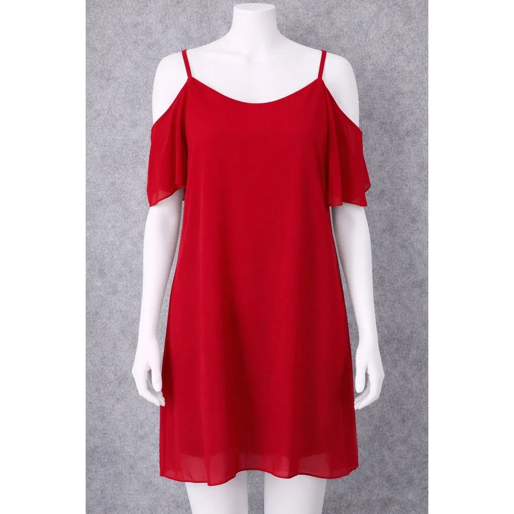 Red Cold Shoulder Mini Dress Chiffon Spaghetti Strap Shift Tunic‎